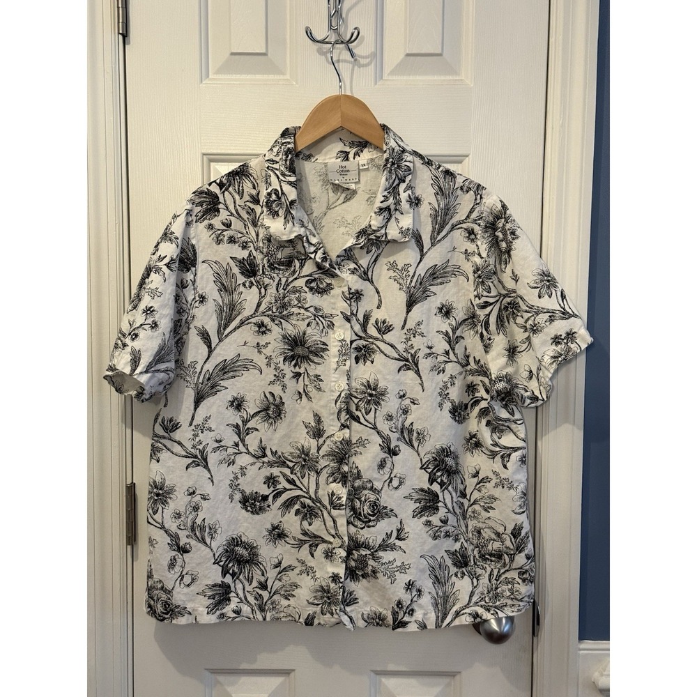 Hot Cotton Marc Ware W 1X Linen Cotton Boho Black White Floral Top USA Beachy